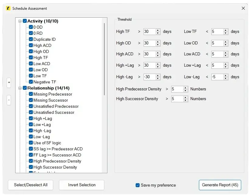 Schedule Assessment dialog box